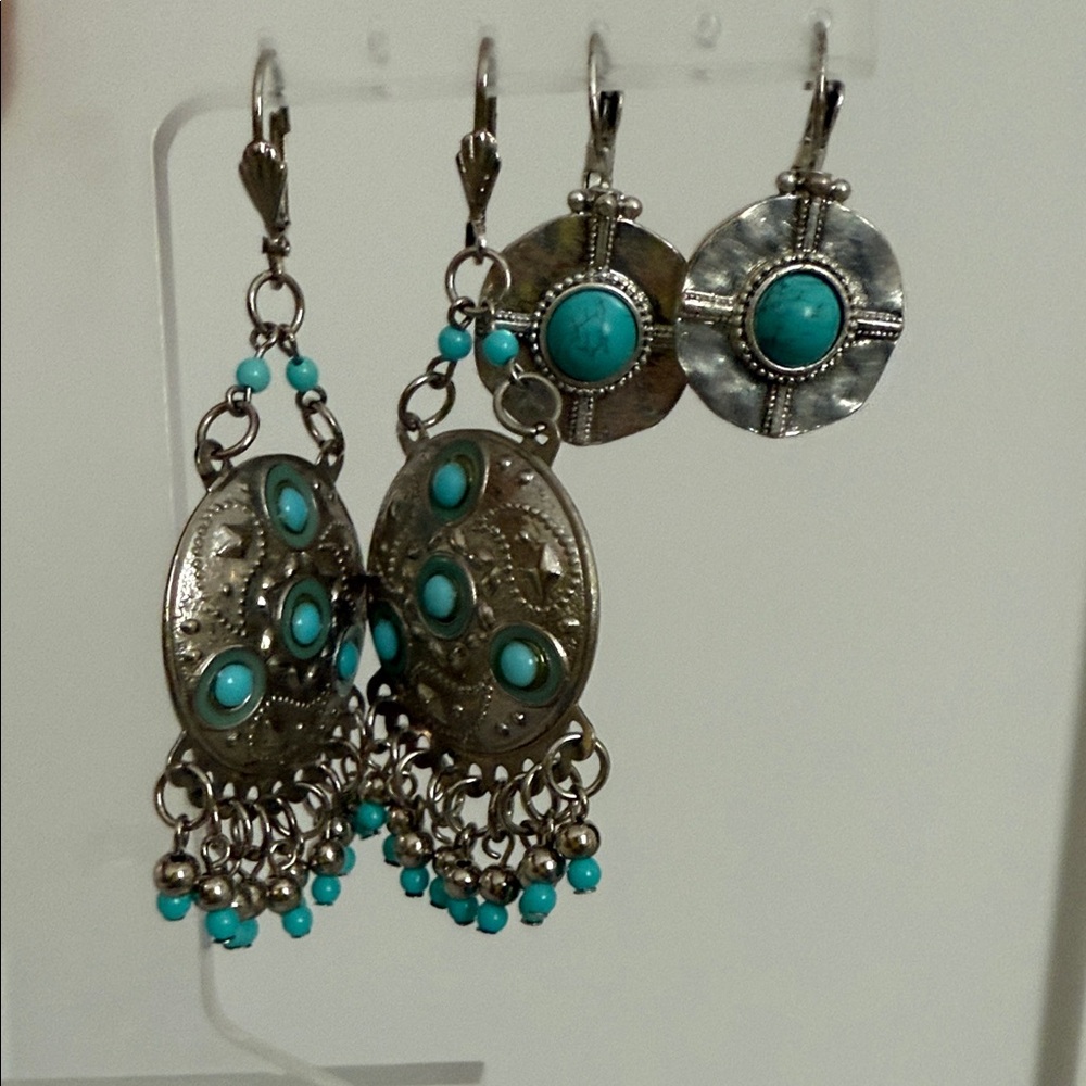 Turquoise and Silver Dangle Earrings Set